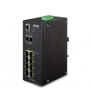 switch IGS-10080MFT con 8 porte SFP 100/1000F e 2 porte 10/100/1000Base-T IP30, perfetto per reti industriali e crittografate.