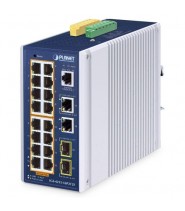 Switch PoE+ 16 porte Gigabit, 2 porte SFP Gigabit, gestione L2/L4, design IP30 robusto, PoE+ fino a 30W per porta, -40°C/+75°C.