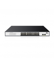 Vista frontale del 4N-SMG16P2S di 4Net, con 16 porte Gigabit Ethernet PoE e 2 porte uplink SFP