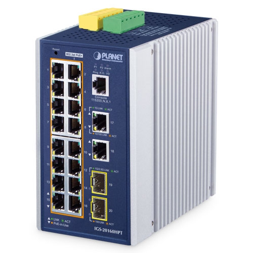 PLANET IGS-20160HPT v4 switch industriale 16 porte PoE+ e 2 SFP 2.5G