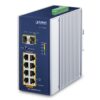 PLANET IGS-1020PTF-12V switch industriale Gigabit PoE+ con 8 porte e 2 SFP