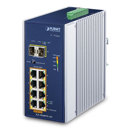 PLANET IGS-1020PTF-12V switch industriale Gigabit PoE+ con 8 porte e 2 SFP