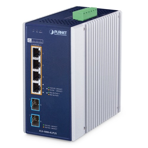 Vista laterale dello switch IGS-1000-4UP2X mostrando il robusto design in alluminio IP30 per installazioni industriali