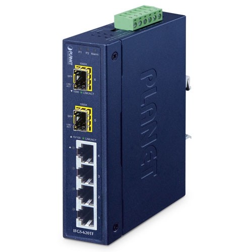 Switch industriale IFGS-620TF con 4 porte 10/100BASE-TX e 2 slot SFP 1000BASE-X, ideale per ambienti estremi
