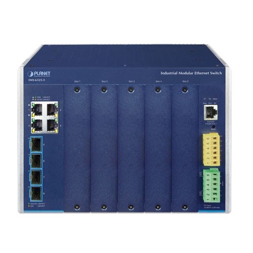 Vista frontale dello switch industriale IMS-6325-5 con moduli espandibili e connessioni Ethernet.