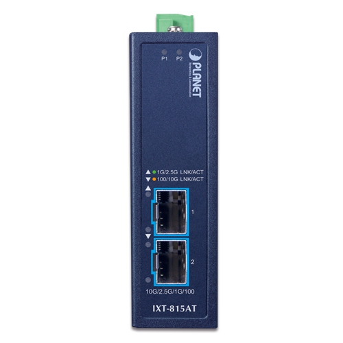 Vista frontale Planet IXT-815AT media converter industriale 10G con doppia porta SFP+