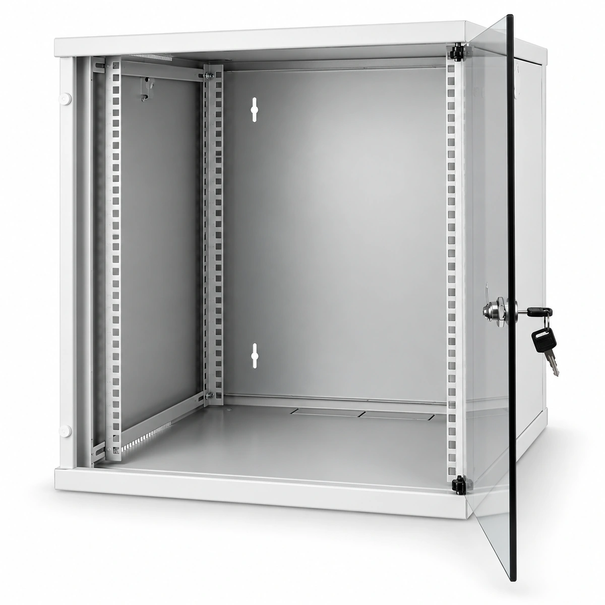 4Net AP703509U64Q – Armadio rack a parete 9U RAL 7035 – porta aperta Armadio rack a parete 4Net 9U RAL 7035 con porta in vetro fumé aperta, 540×450×445 mm - AP703509U64Q
