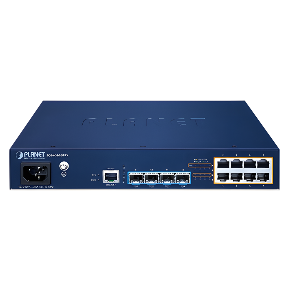 PLANET SGS-6310-8P4X dettaglio porte Gigabit PoE+ e uplink SFP+ 10G