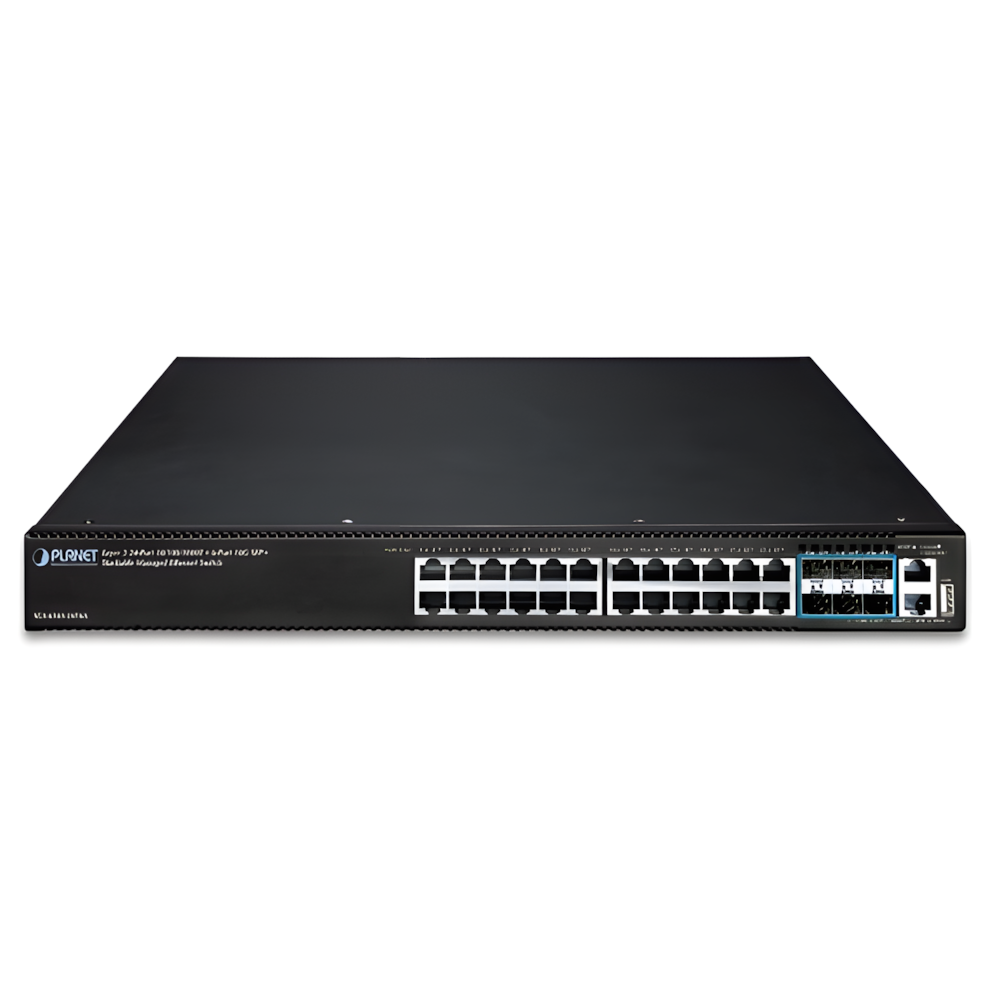 PLANET SGS-6341-24T6X dettaglio delle 24 porte Gigabit e dei 6 uplink SFP+ 10G