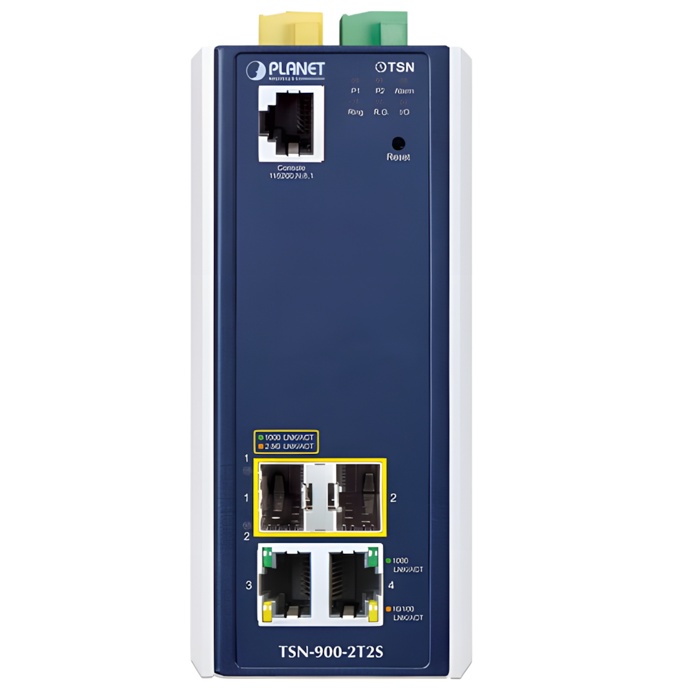 PLANET TSN-900-2T2S con doppia alimentazione morsettiera e I/O digitali industriali